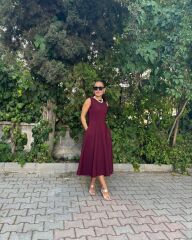 Bordo Krep Kumaş Midi Boy Elbise