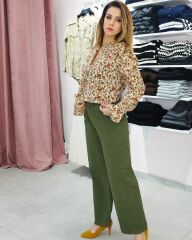 Geniş Paça Yeşil Renk Keten Pantolon