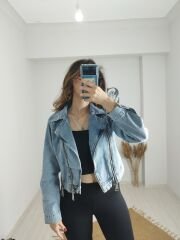 Fermuar Detay Mavi Kot Ceket