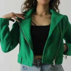 Fermuar Detay Kaşe Yeşil Ceket