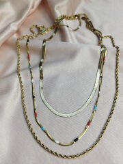 İtalyan Zincir 3 ' Lü Renk Detay Gold Çelik Kolye