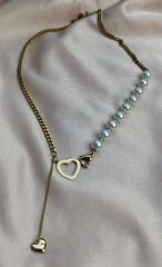 İncili Kalp Detay Gold Kolye | Sky Fashion