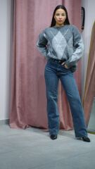 Desenli Yumuşak Dokulu Gri Kazak