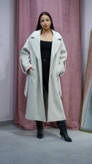 Oversize Ekru Renk Uzun Kaşmir Kaban