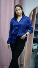 Saks Mavisi Oversize Saten Gömlek