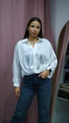 Bağ Detaylı Beyaz Saten Gömlek