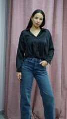 Bağ Detaylı Siyah Saten Gömlek