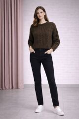 Kahverengi Örgü Desenli Triko Kazak